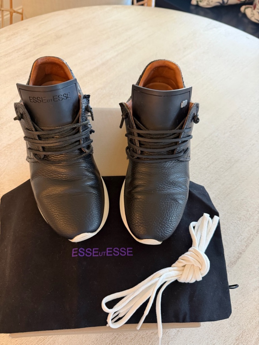 ESSEutESSE Black Fringe Pebbled Leather 
Original box, white laces and dust bag